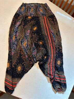 Bohemian Black Floral Harem Pants with Orange Accents